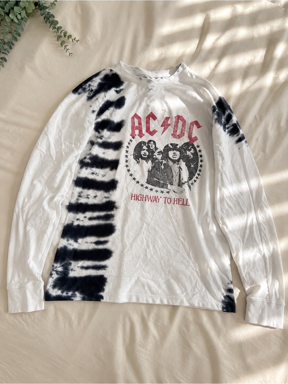 AC/DC White Long Sleeve Tie-Dye Tee with Red Logo